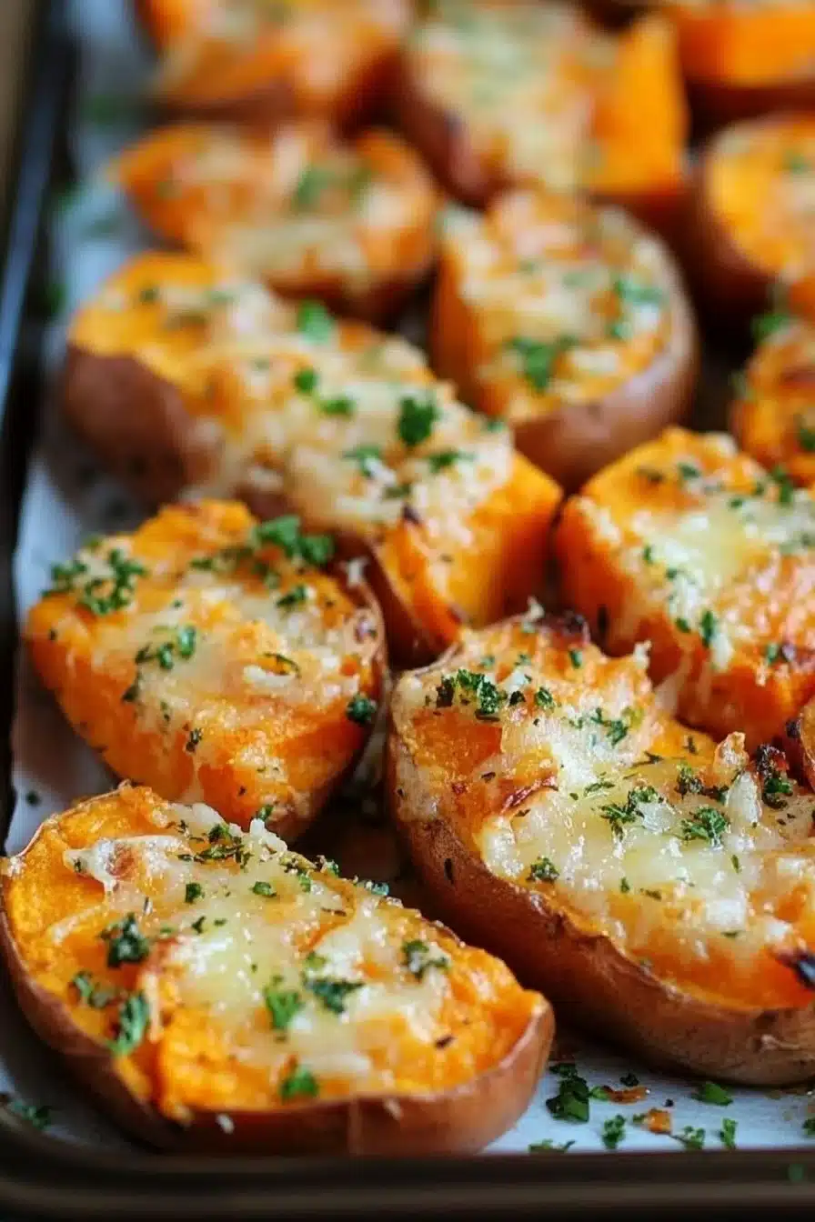 Baked Parmesan Sweet Potatoes garnished and ready to serve