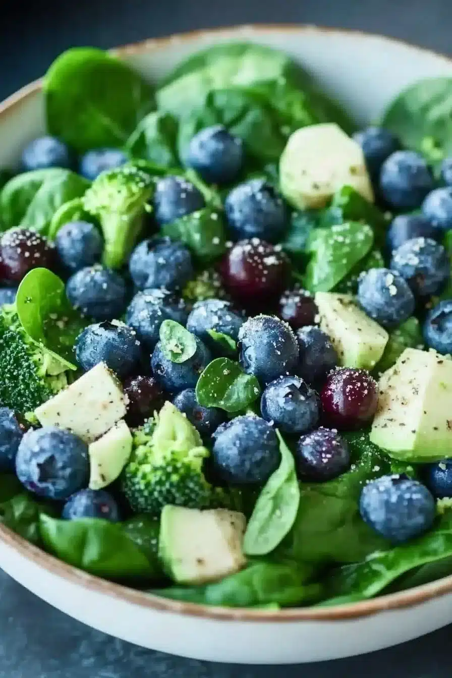Delicious Blueberry Broccoli Spinach Salad garnished with fresh berries and greens