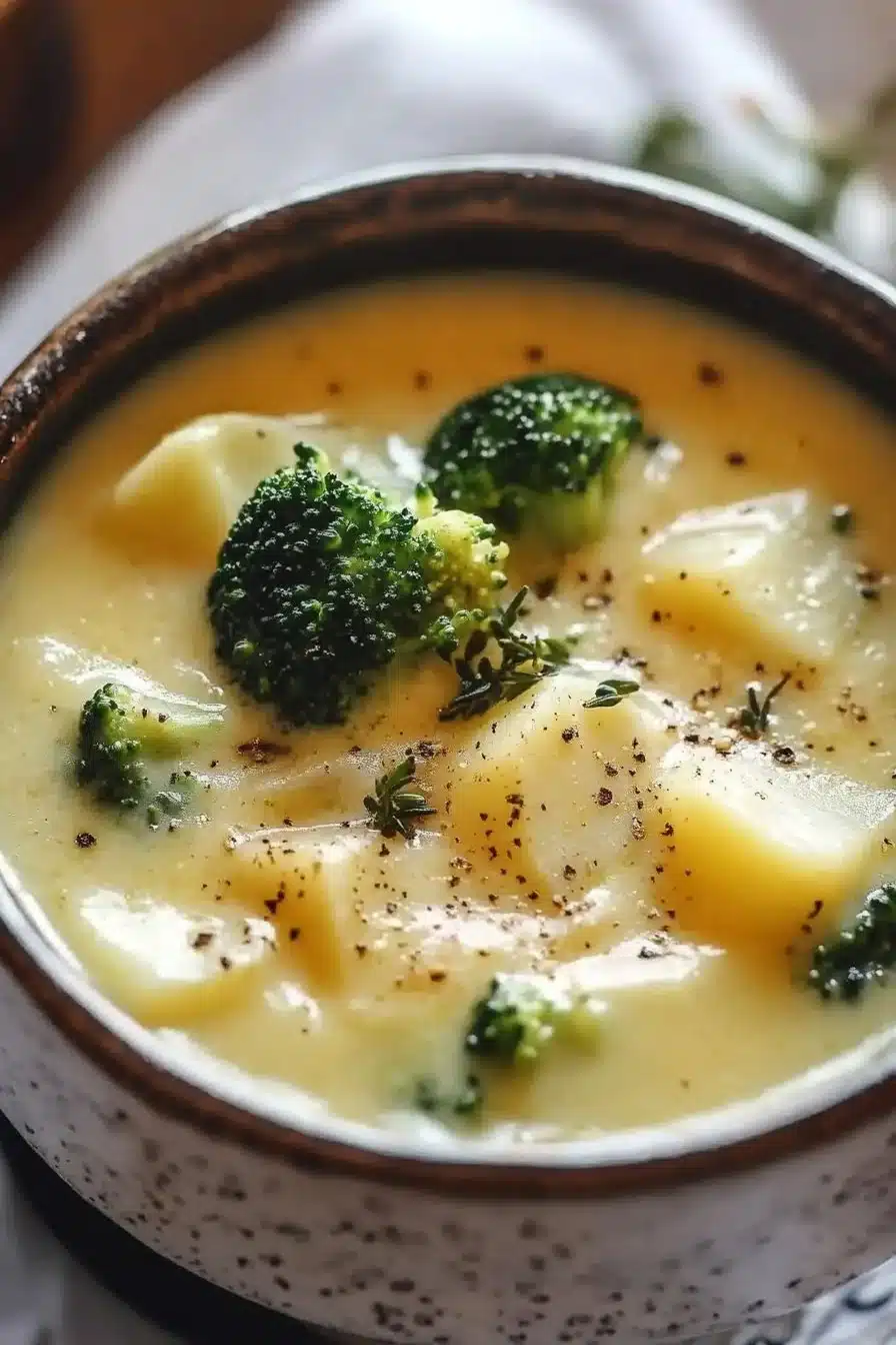 Bowl of creamy Broccoli Potato Cheese Soup garnished with herbs