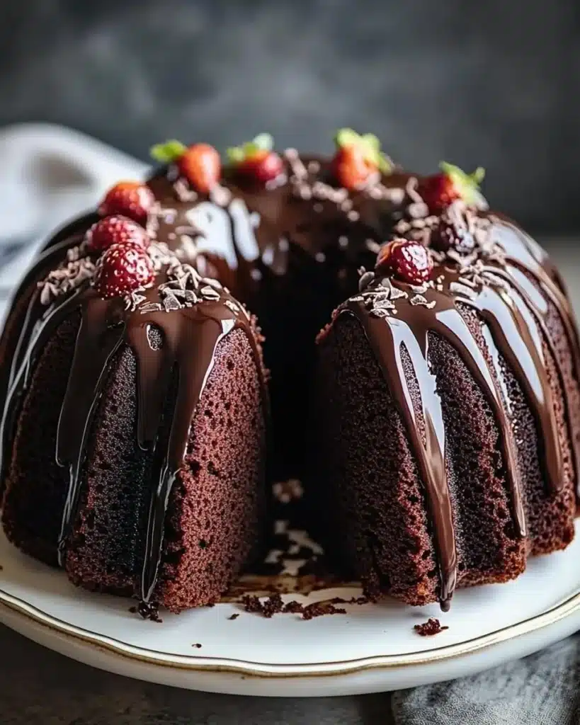 Chocolate Bundt Cake 4 Current image: Deliciously moist chocolate bundt cake topped with chocolate glaze