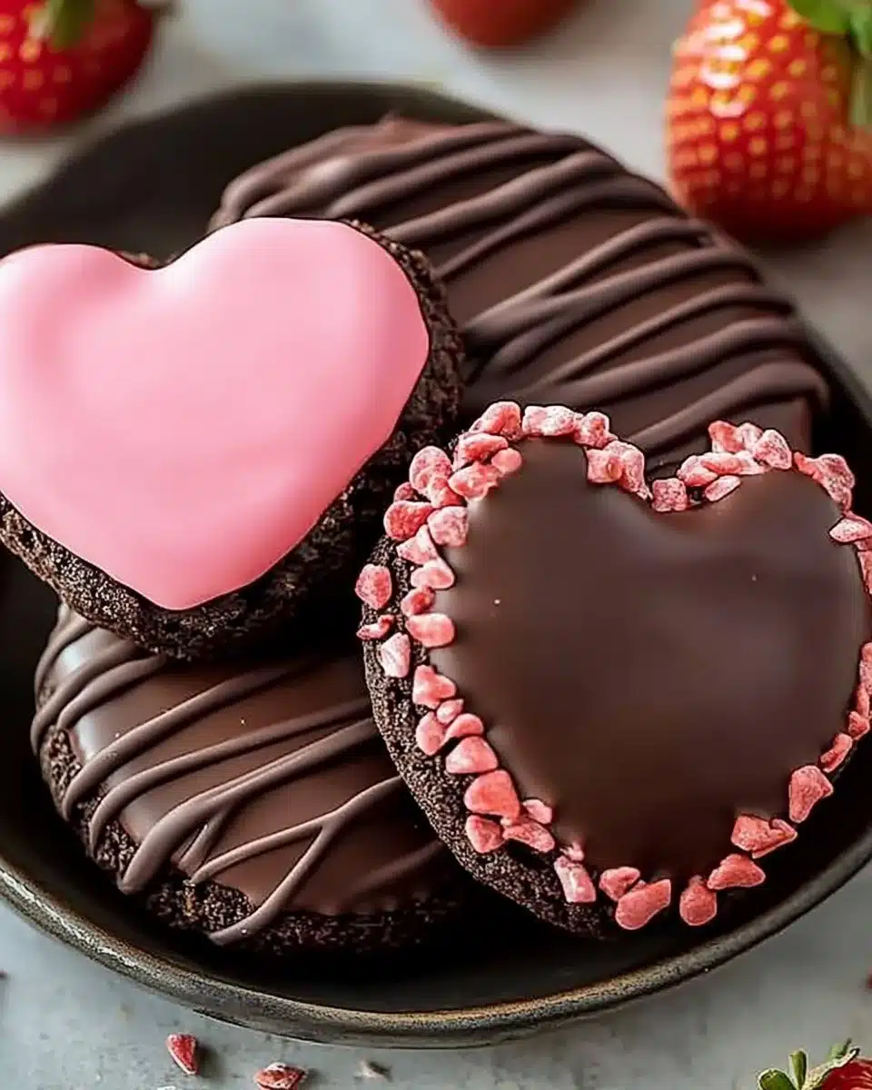 Chocolate covered strawberry cookies on a plate, ready to be enjoyed.