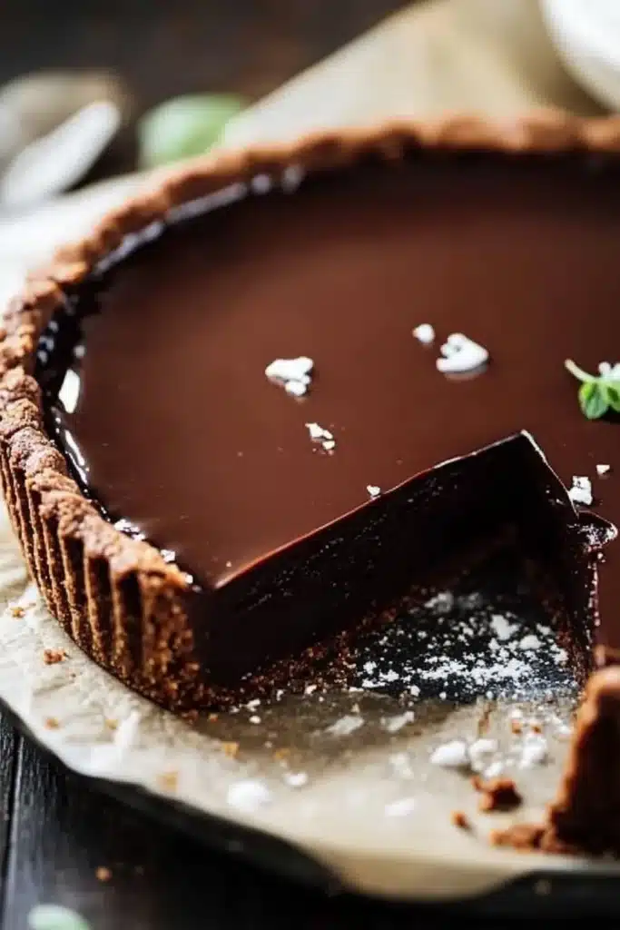 Current image: Delicious chocolate ganache tart with a rich and smooth chocolate topping.