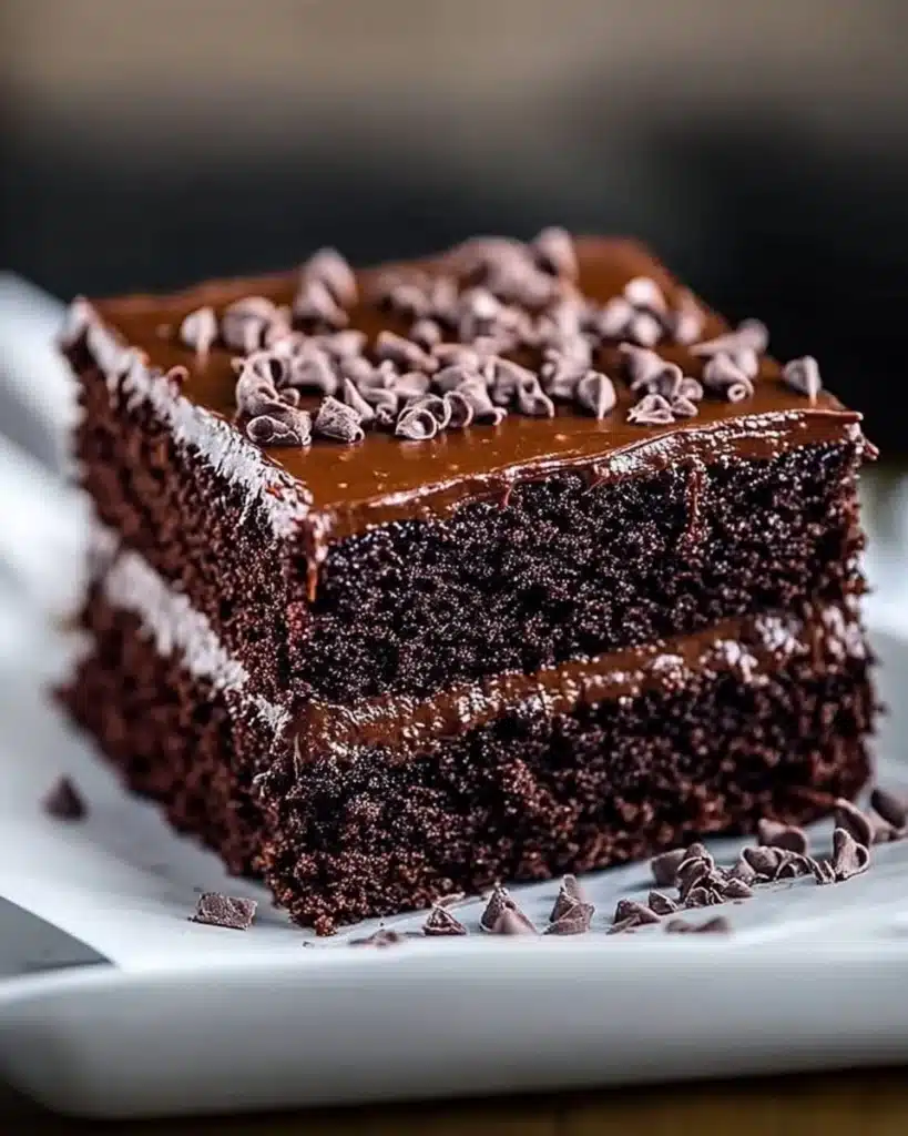 Current image: Delicious Chocolate Sheet Cake served on a white plate