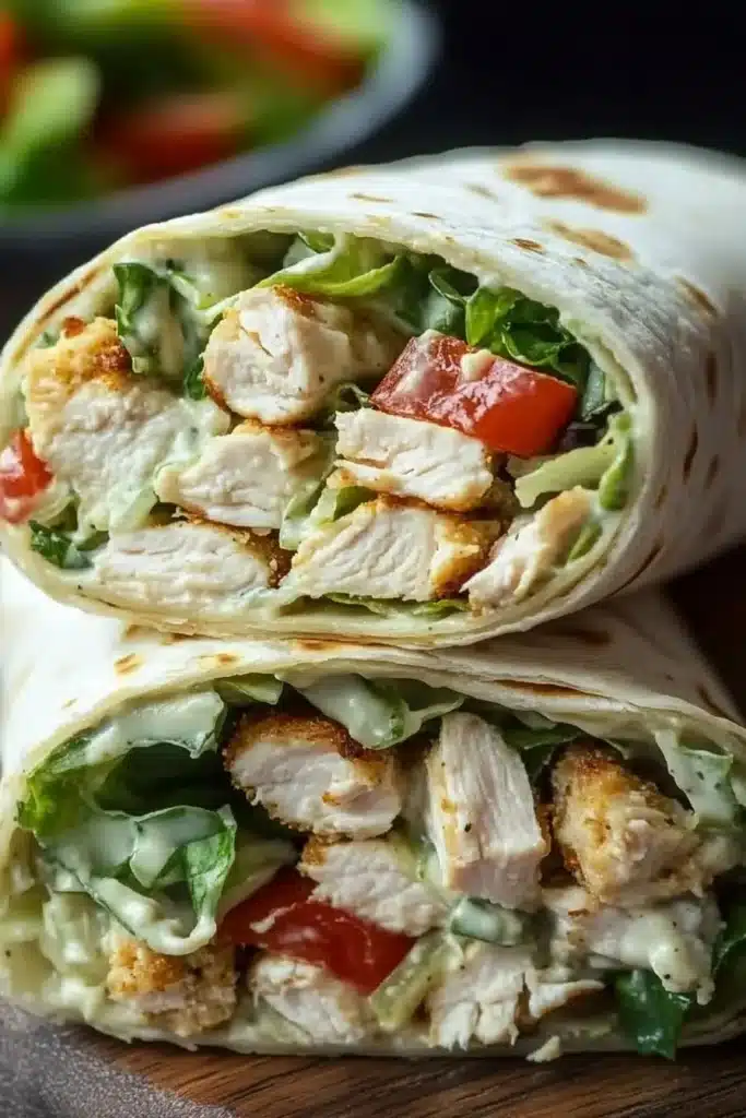 Current image: Chopped Chicken Caesar Salad Wrap featuring romaine and grilled chicken in a tortilla