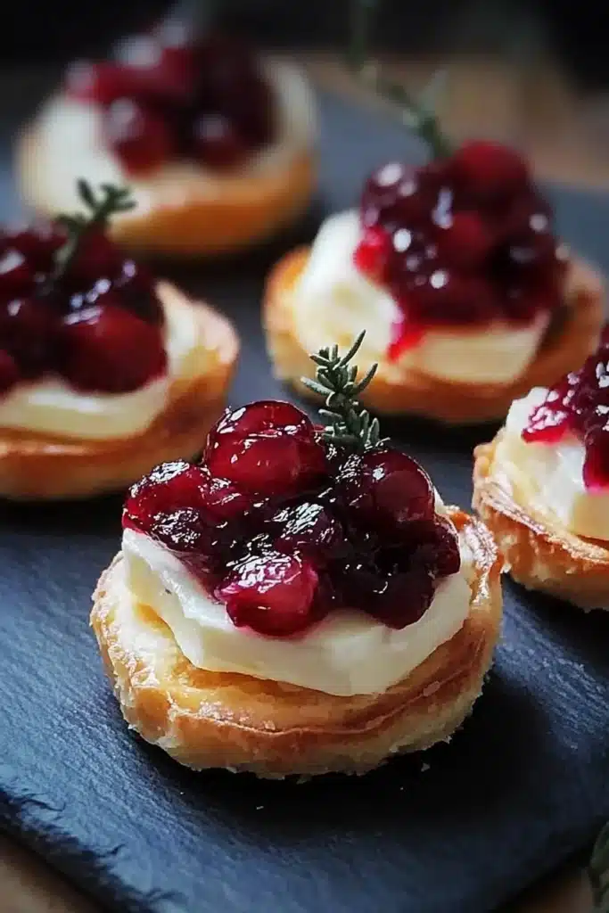 Christmas Brie and Cranberry Bites 4 Current image: Christmas Brie and Cranberry Bites on a festive serving platter