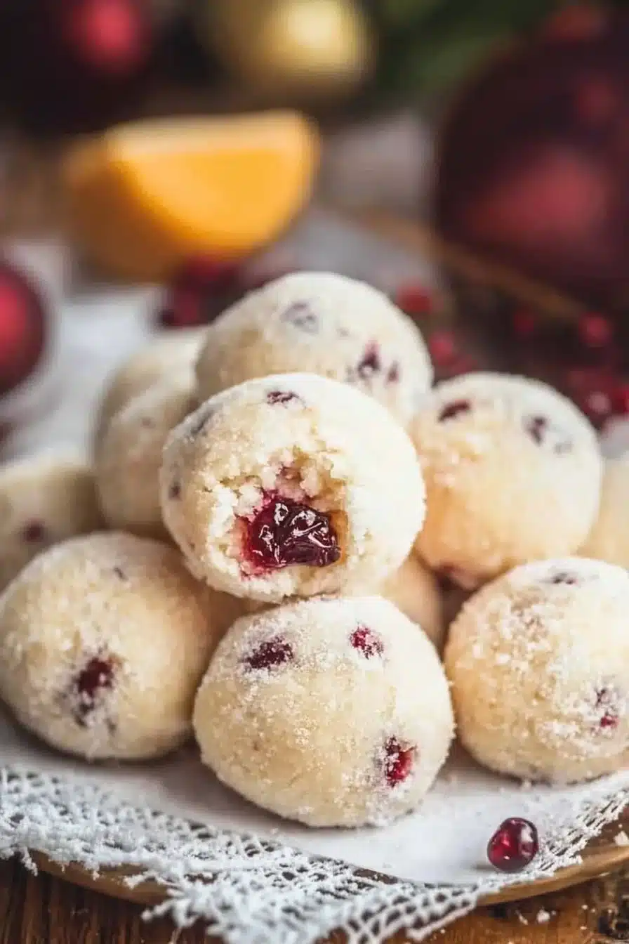 Delicious Christmas Cranberry Orange Sandies Balls ready for the holiday season