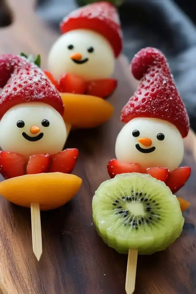Current image: Colorful Christmas fruit snowmen skewers made with fruits on sticks