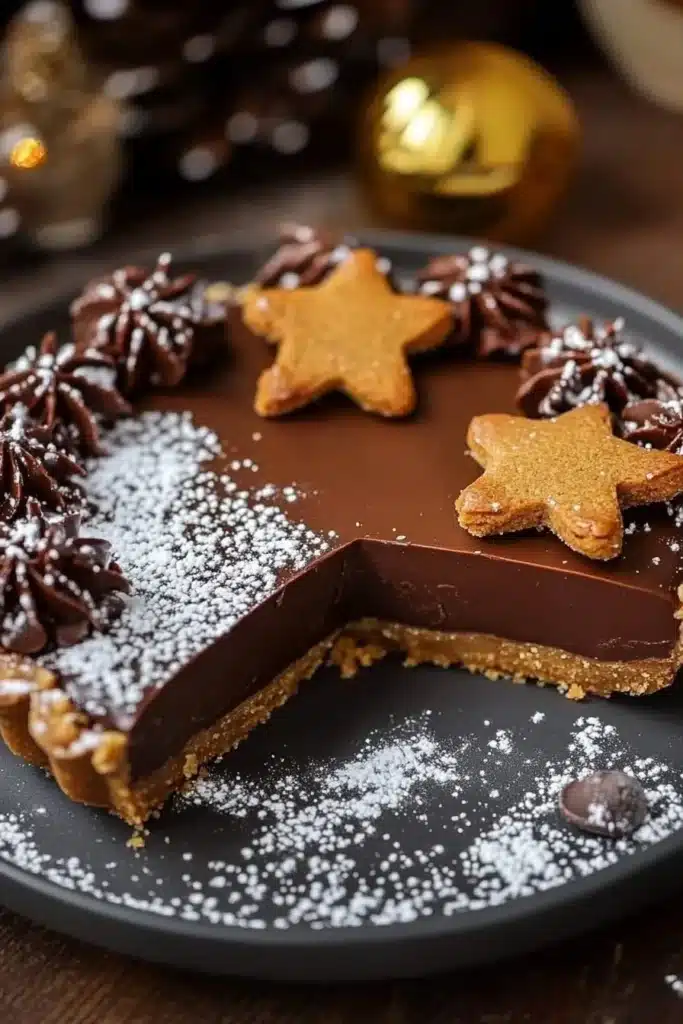 Current image: Christmas Gingerbread Chocolate Tart topped with chocolate and gingerbread decorations.