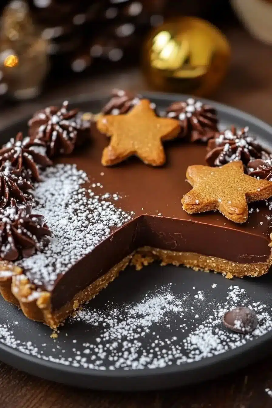 Christmas Gingerbread Chocolate Tart topped with chocolate and gingerbread decorations.