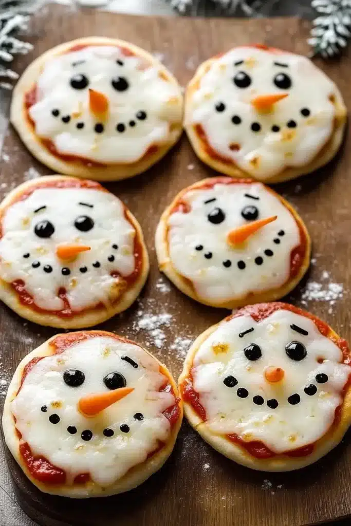 Current image: Mini snowman pizzas decorated with festive toppings for Christmas