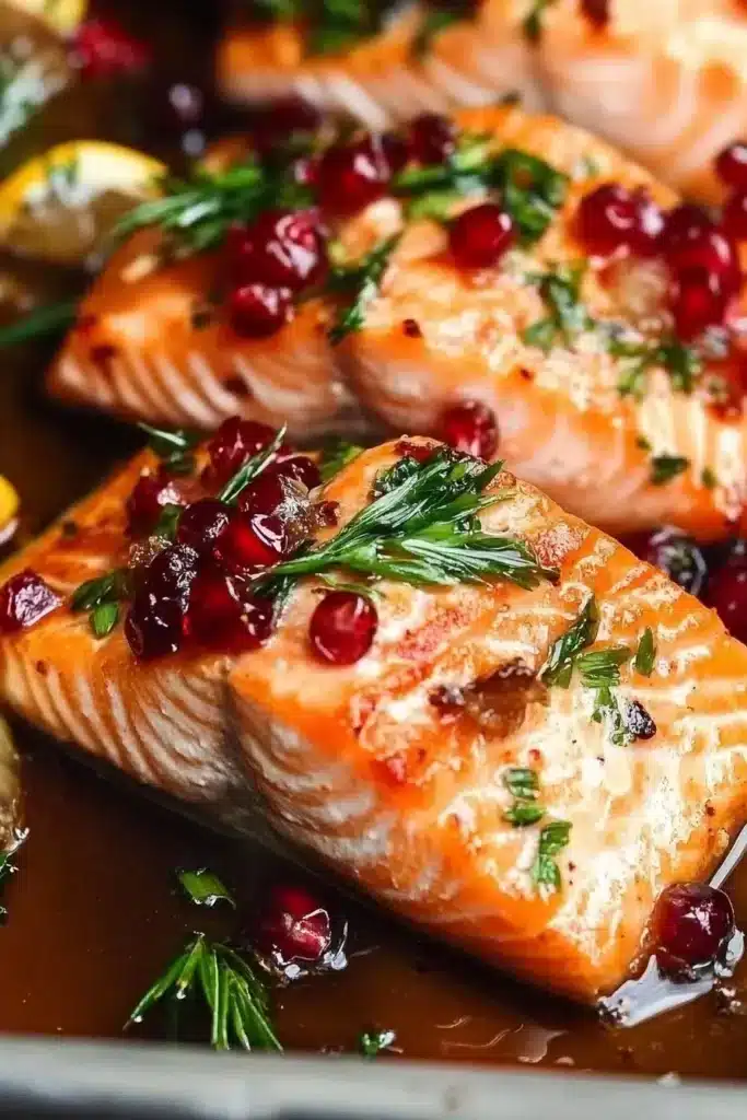 Current image: A beautifully plated Christmas salmon dish with festive garnishes and decorations.