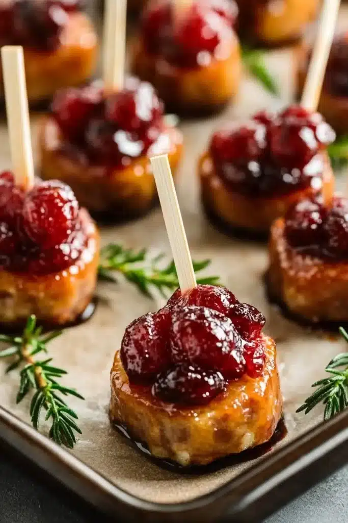 Christmas Sheet Pan Smoked Sausage Cranberry Bites 4 Current image: Christmas Sheet Pan Smoked Sausage Cranberry Bites appetizer on a festive table