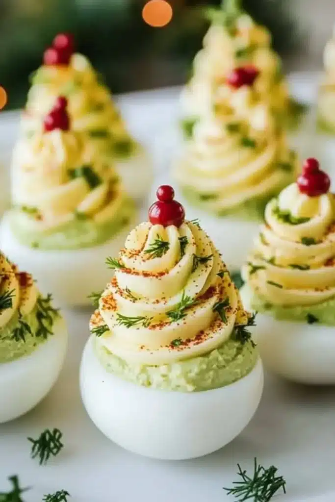 Christmas Tree Deviled Eggs 4 Current image: Christmas Tree Deviled Eggs arranged on a festive platter