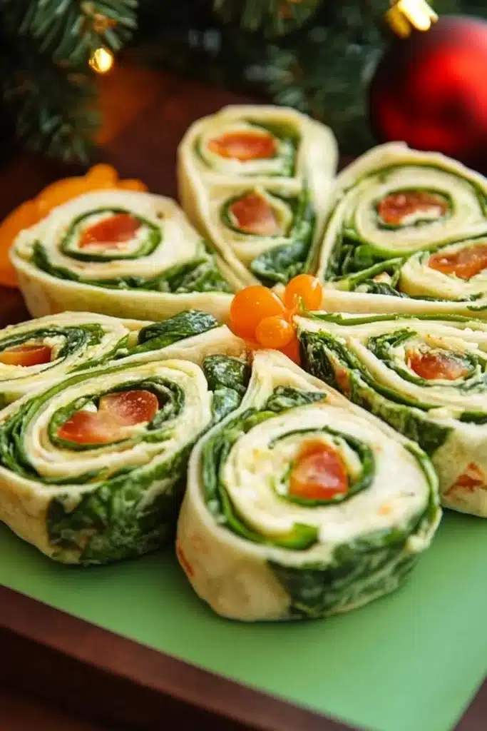 Christmas Tree Spinach Tortilla Roll-Ups 4 Current image: Christmas Tree Spinach Tortilla Roll-Ups arranged on a festive platter