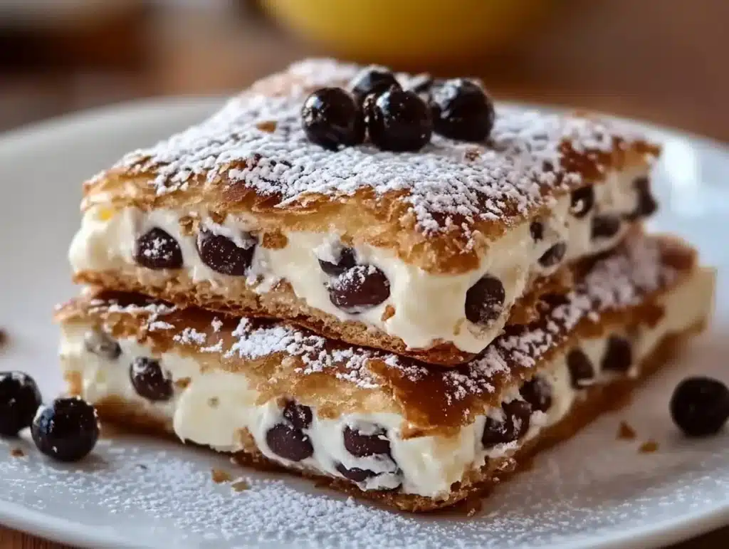 Current image: Classic cannoli squares topped with chocolate chips and powdered sugar.