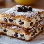 Classic cannoli squares topped with chocolate chips and powdered sugar.