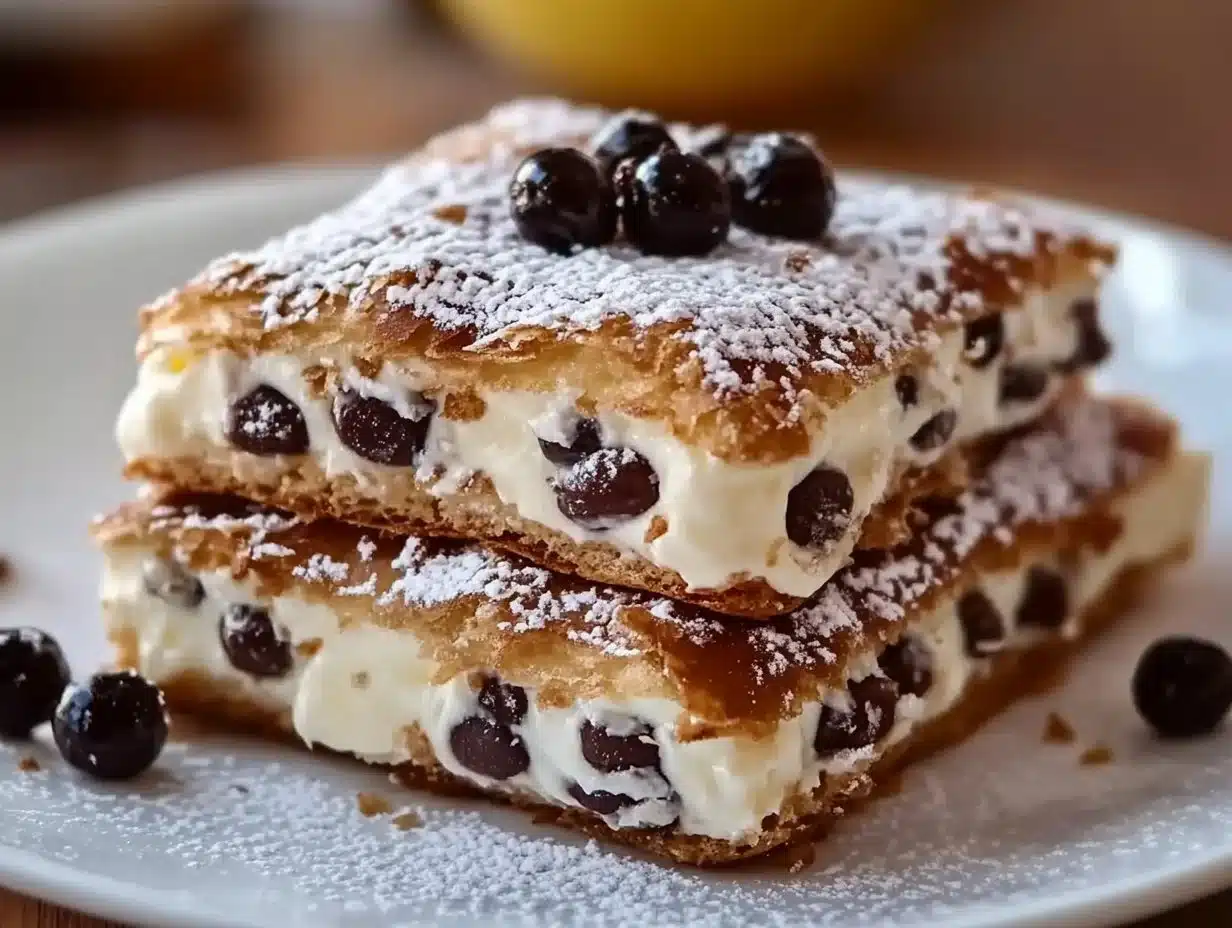 Classic cannoli squares topped with chocolate chips and powdered sugar.
