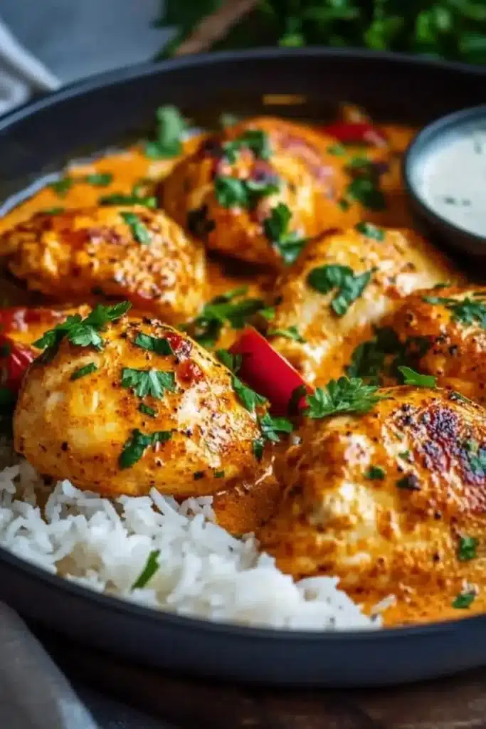 Creamy Paprika Chicken with Rice 4 Current image: Creamy paprika chicken served over rice in a colorful dish