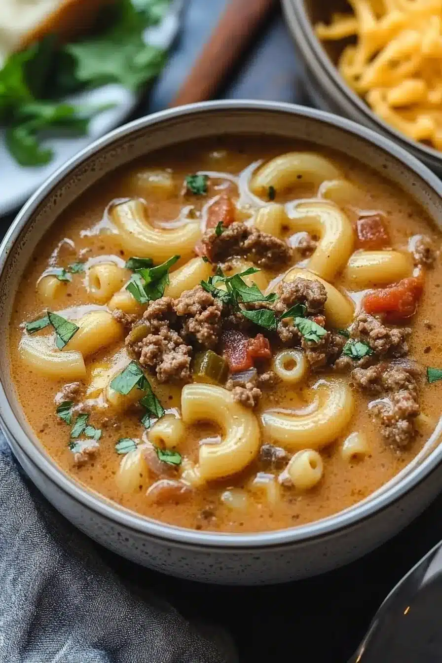 Delicious bowl of Crockpot Cheeseburger Macaroni Soup with melted cheese and pasta