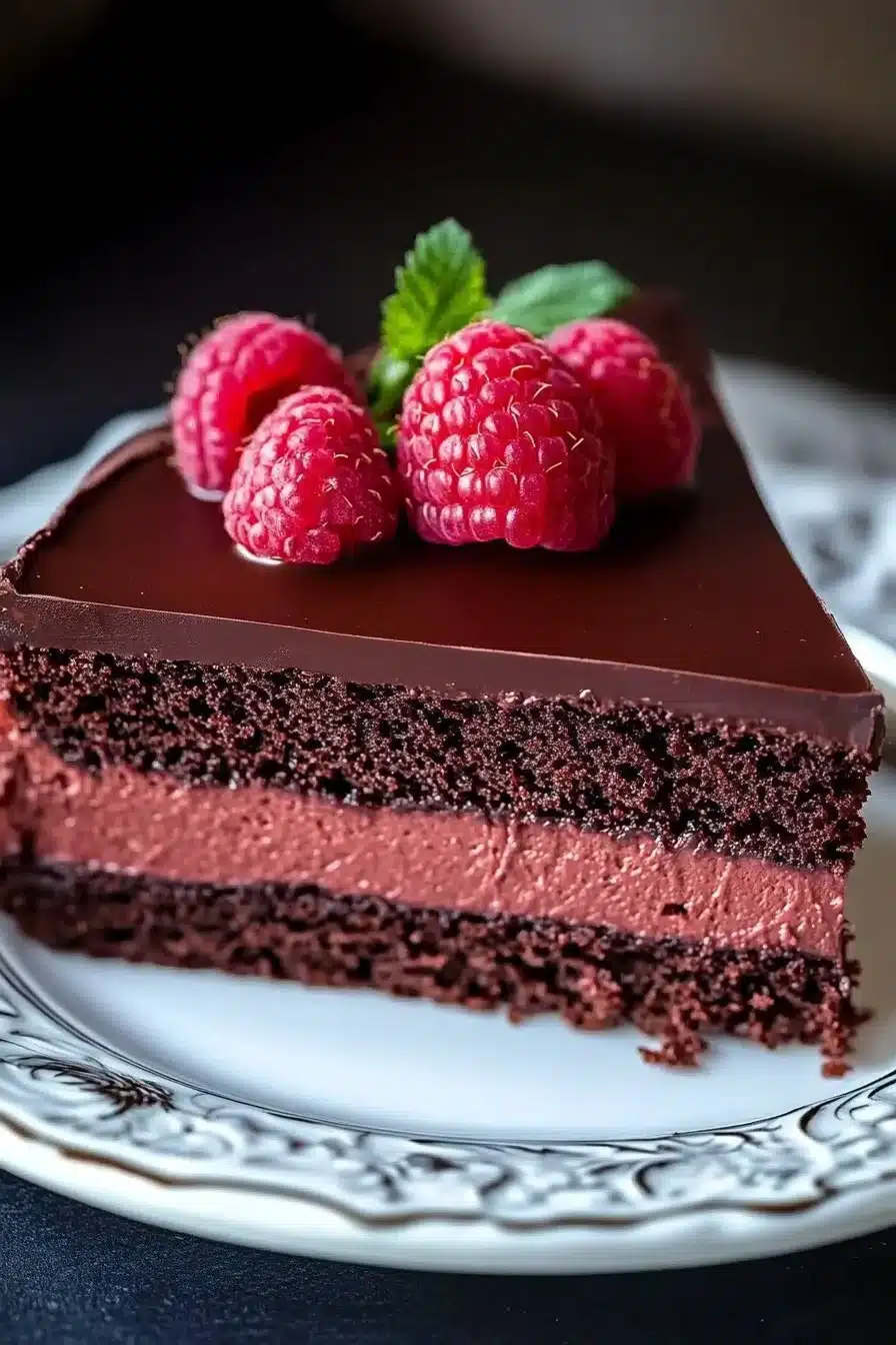 Delicious dark chocolate raspberry mousse cake with fresh raspberries on top