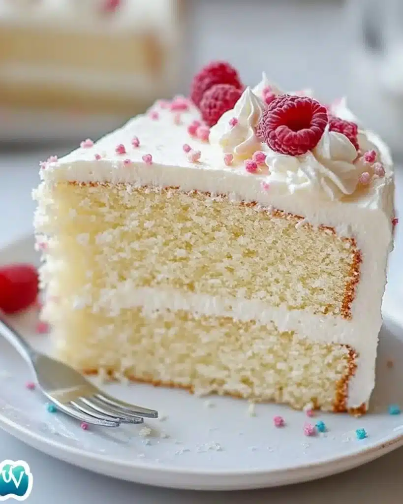 Current image: Slice of easy white cake with frosting on a plate