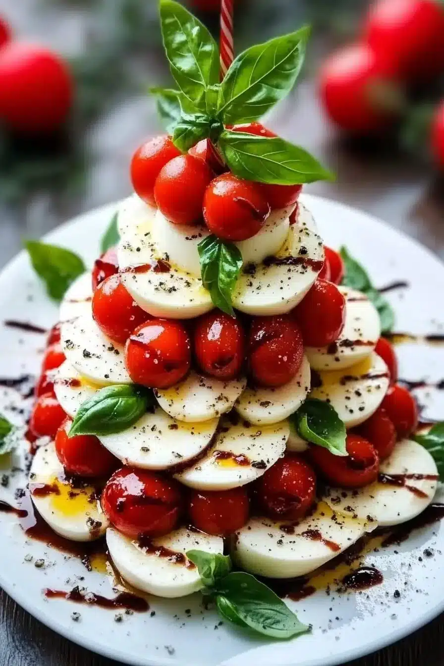 Festive Caprese Salad arranged in the shape of a Christmas tree for the holidays.
