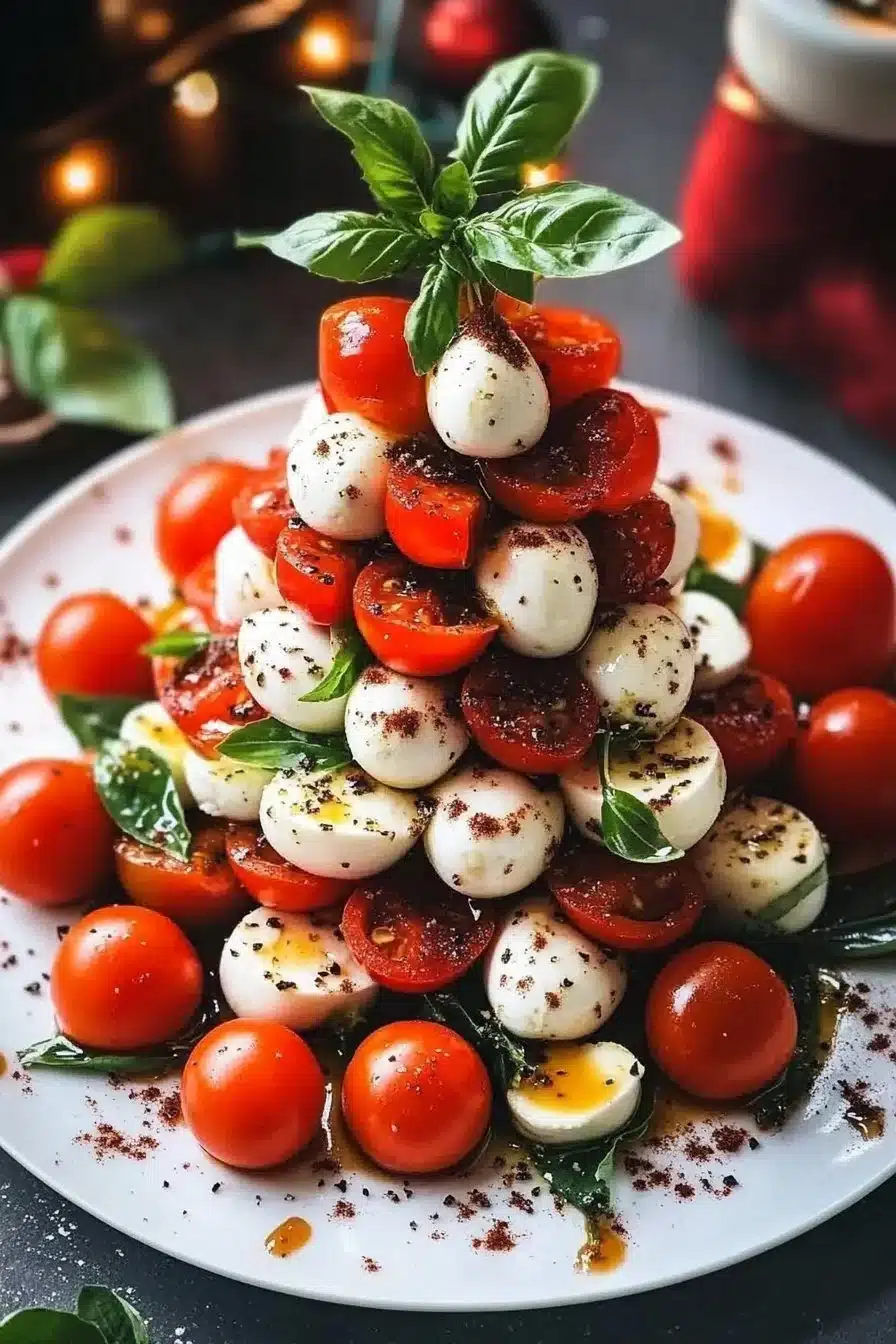 Festive Caprese Salad Arranged Like a Christmas Tree