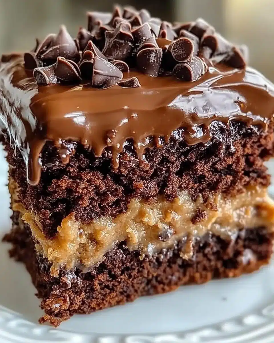 Delicious German Chocolate Poke Cake topped with coconut and pecans.