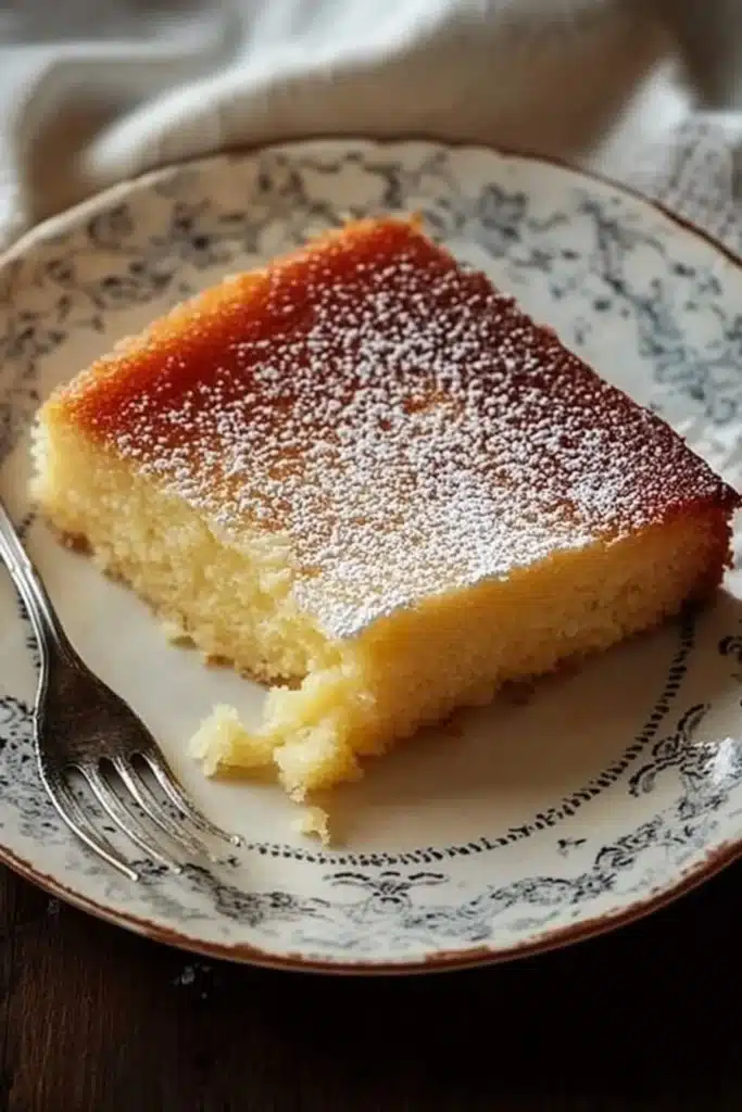 Gooey Butter Cake 4 Current image: Delicious slice of Gooey Butter Cake topped with powdered sugar on a plate