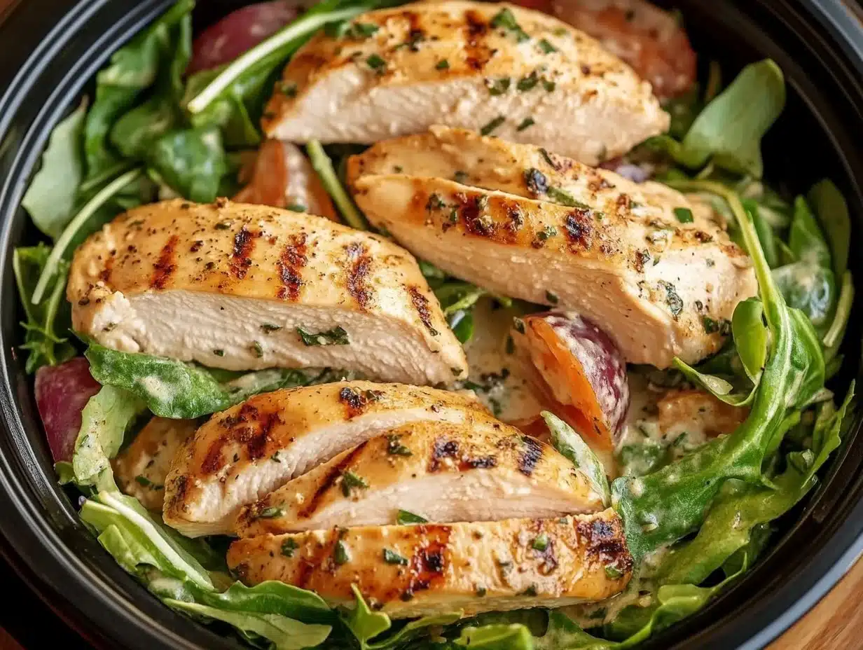 Healthy grilled chicken salad with fresh vegetables and dressing