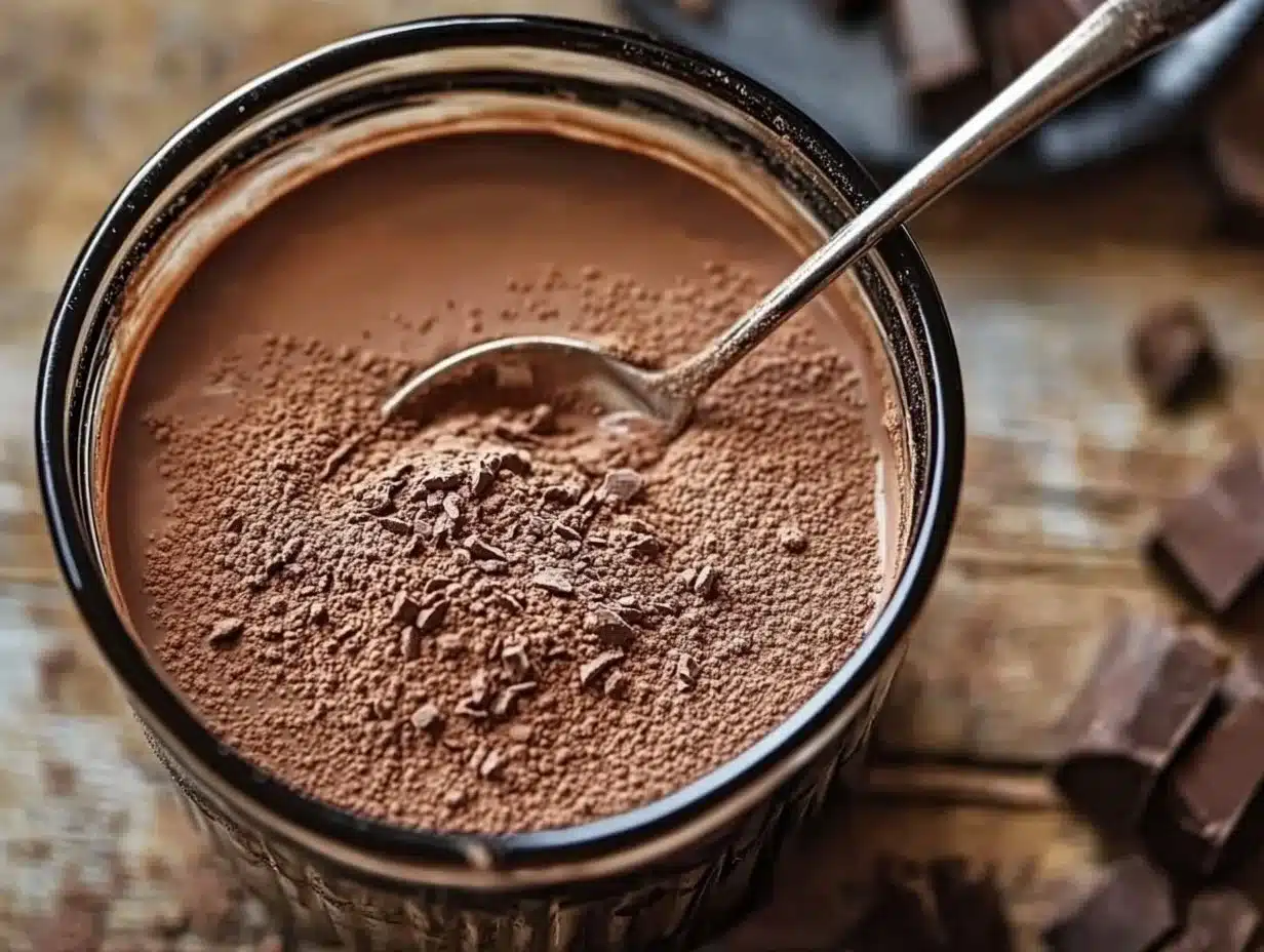Delicious homemade hot chocolate mix in a jar with chocolate shavings and marshmallows.