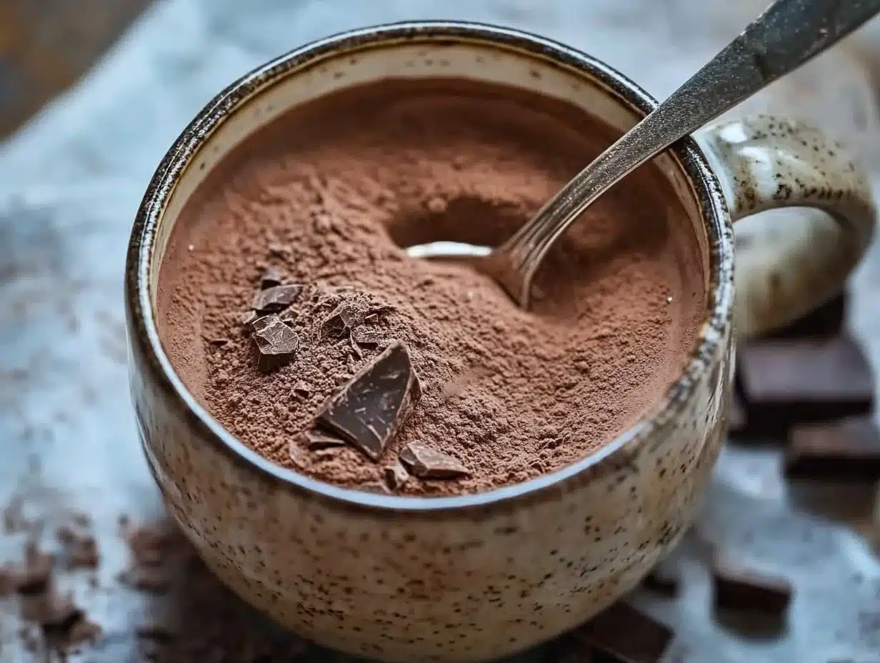 Delicious homemade keto hot chocolate mix in a mug with chocolate sprinkles