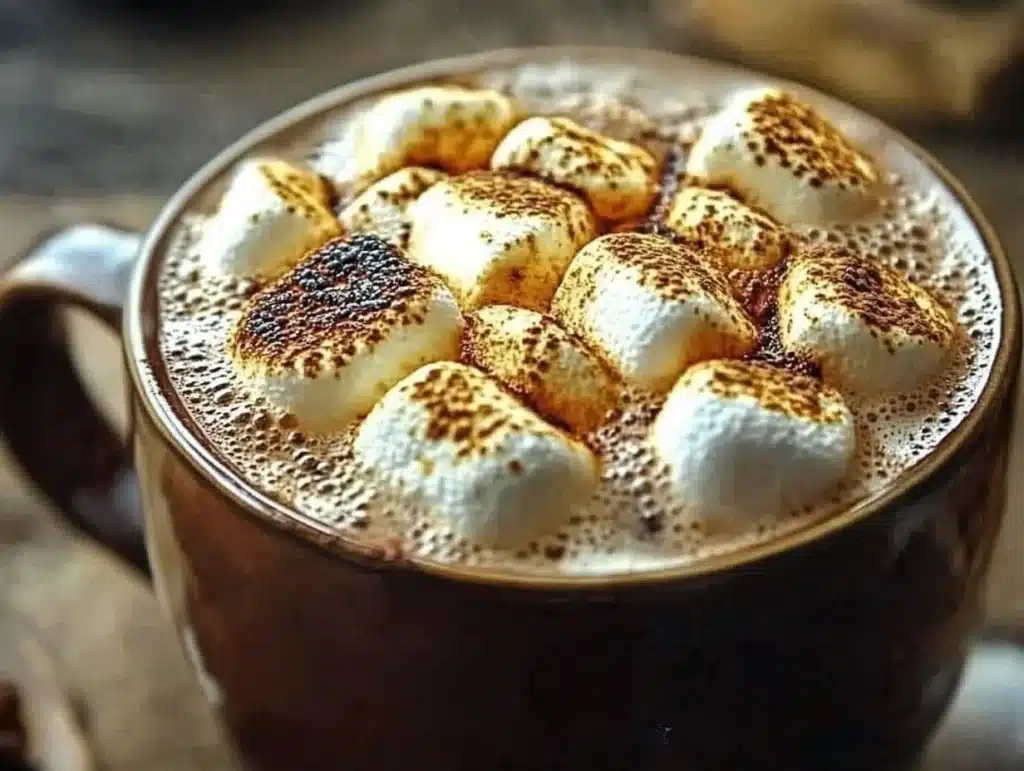 Hot Cocoa with Torched Marshmallow 4 Current image: Delicious hot cocoa topped with torched marshmallows in a cozy setting.