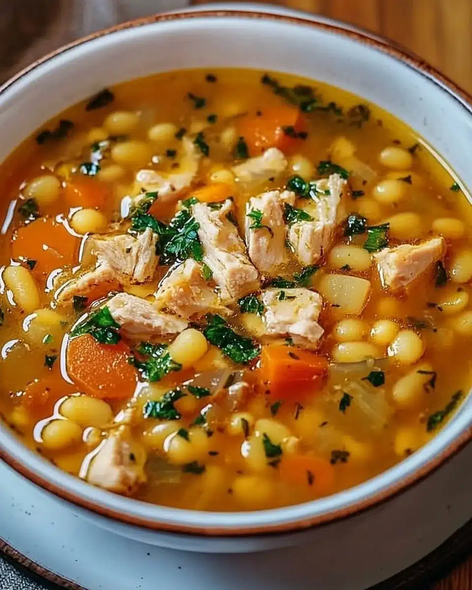 Bowl of Italian Penicillin Soup garnished with herbs and bread