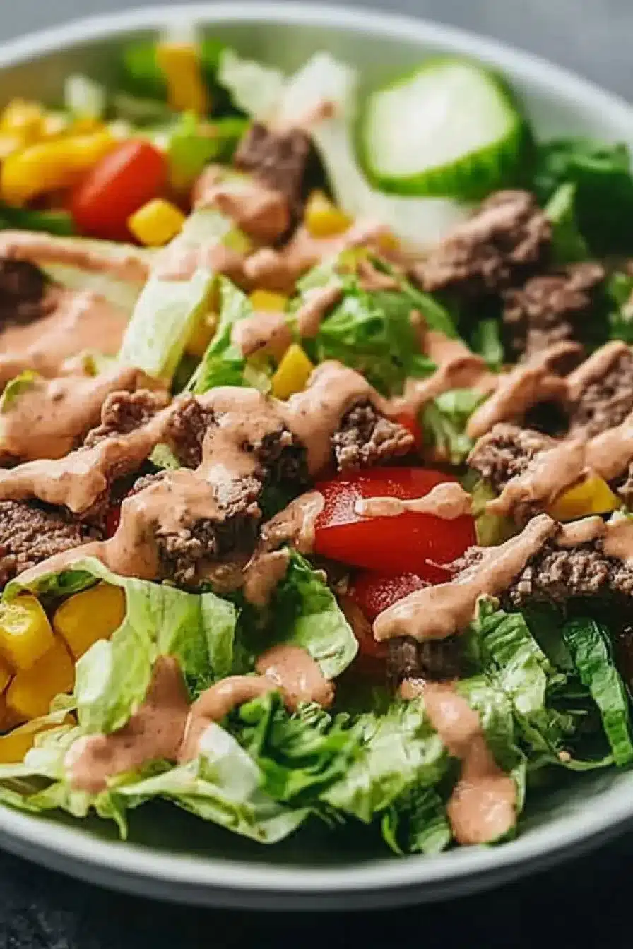 Keto Big Mac Salad with lettuce, beef, cheese, and special sauce