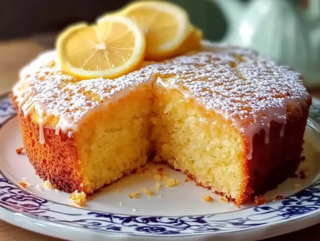 Current image: Slice of homemade lemon drizzle cake with lemon glaze on top