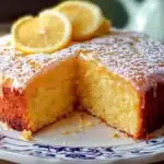 Slice of homemade lemon drizzle cake with lemon glaze on top