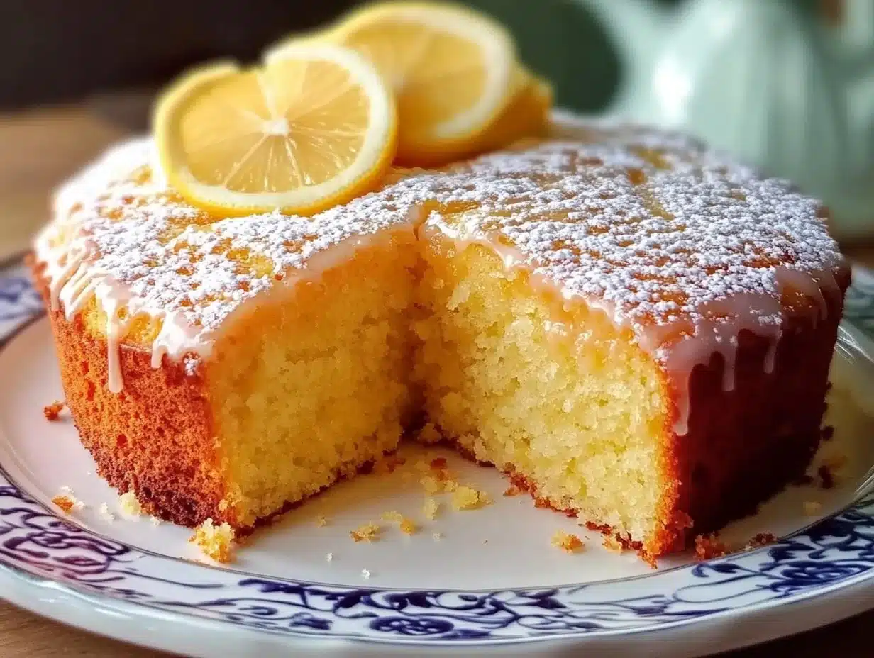 Slice of homemade lemon drizzle cake with lemon glaze on top