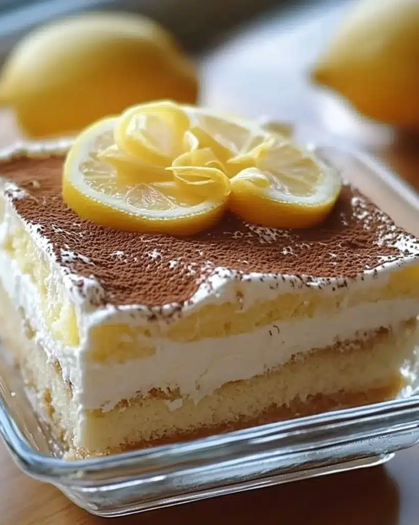 Current image: Lemon Limoncello Tiramisu dessert with mascarpone and lemon zest.