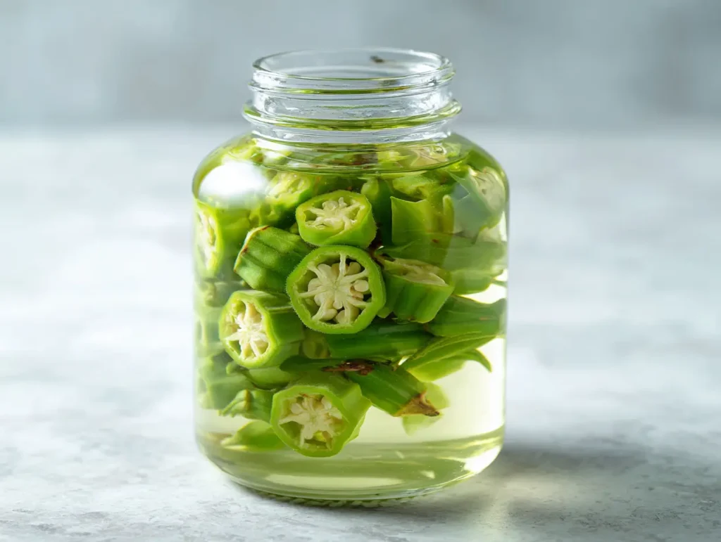 Current image: okra water recipe in a glass jar on kitchen counter