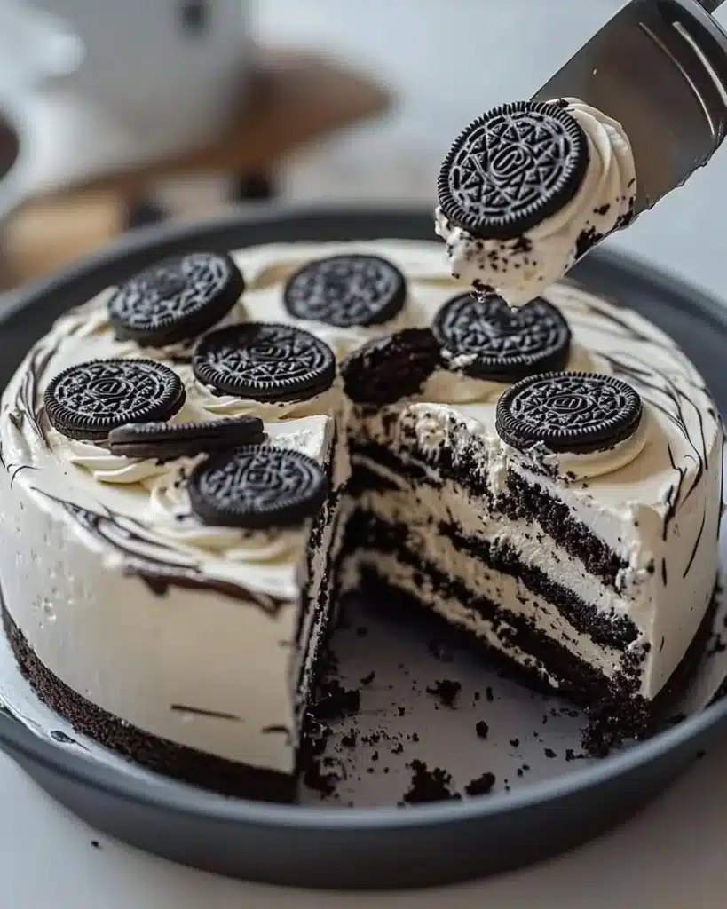 Current image: Delicious Oreo cookie ice cream cake topped with crushed Oreos
