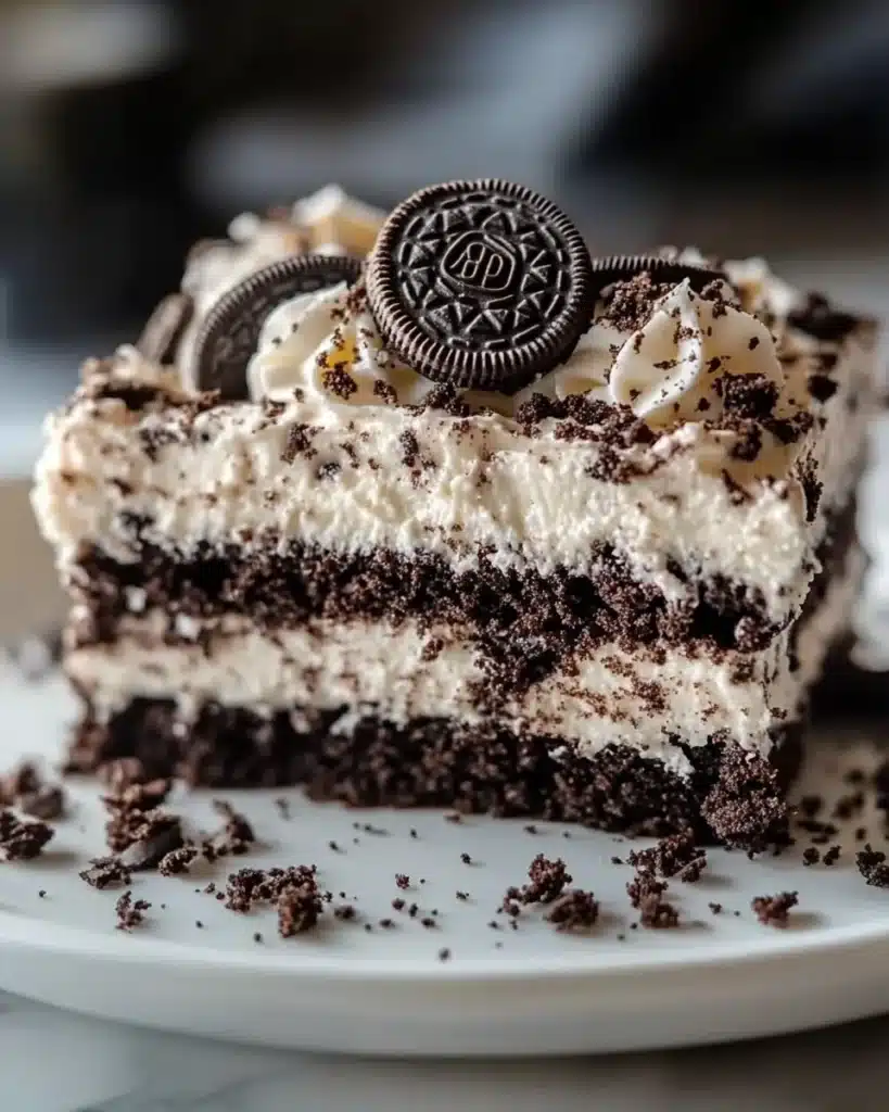 Oreo Dump Cake 4 Current image: Delicious Oreo Dump Cake topped with crushed Oreos and chocolate drizzle.