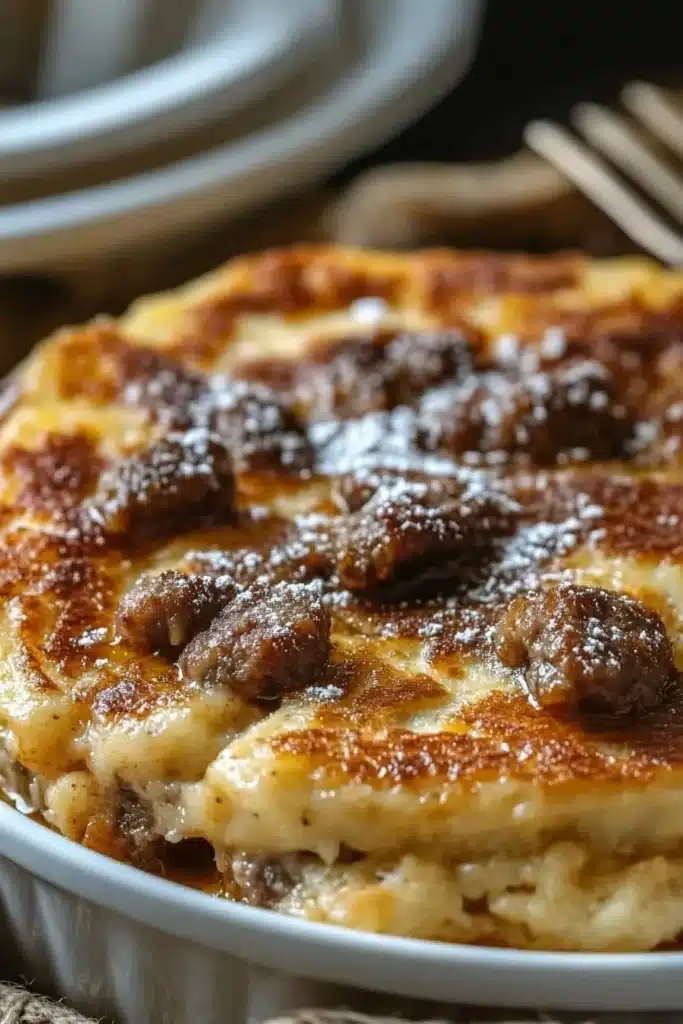 Pancake Sausage Casserole 4 Current image: Delicious pancake sausage casserole served warm on a plate.