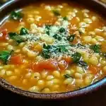 Bowl of warm pastina soup with fresh herbs and vegetables.