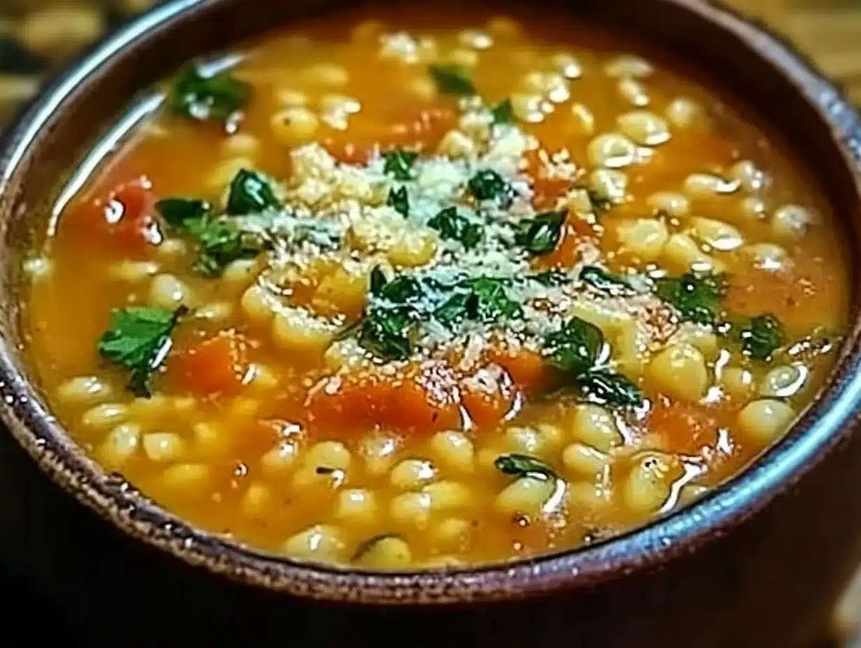 Bowl of warm pastina soup with fresh herbs and vegetables.