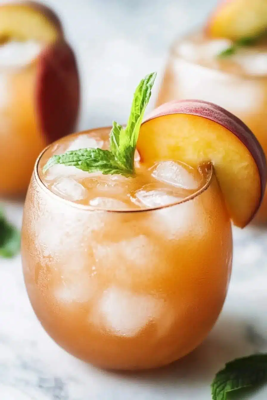 A refreshing Peach Moscow Mule cocktail served in copper mug with peach slices
