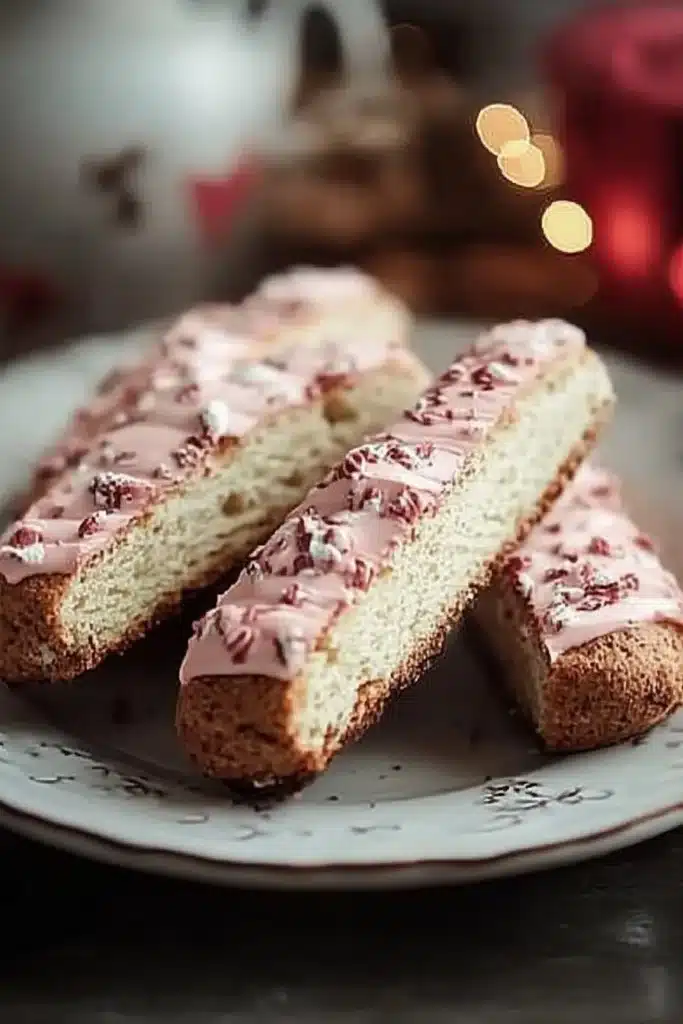 Current image: Delicious homemade peppermint biscotti garnished with crushed candy canes.