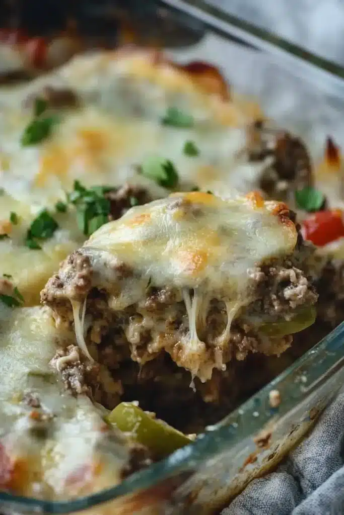 Current image: Philly Cheesesteak Casserole served in a dish with melted cheese and toppings