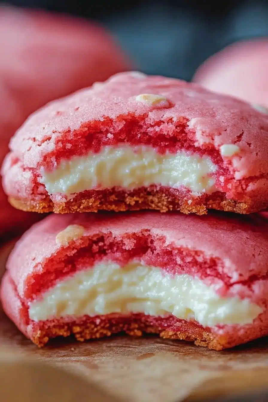 Pink strawberry cheesecake cookies with a creamy filling and vibrant color.