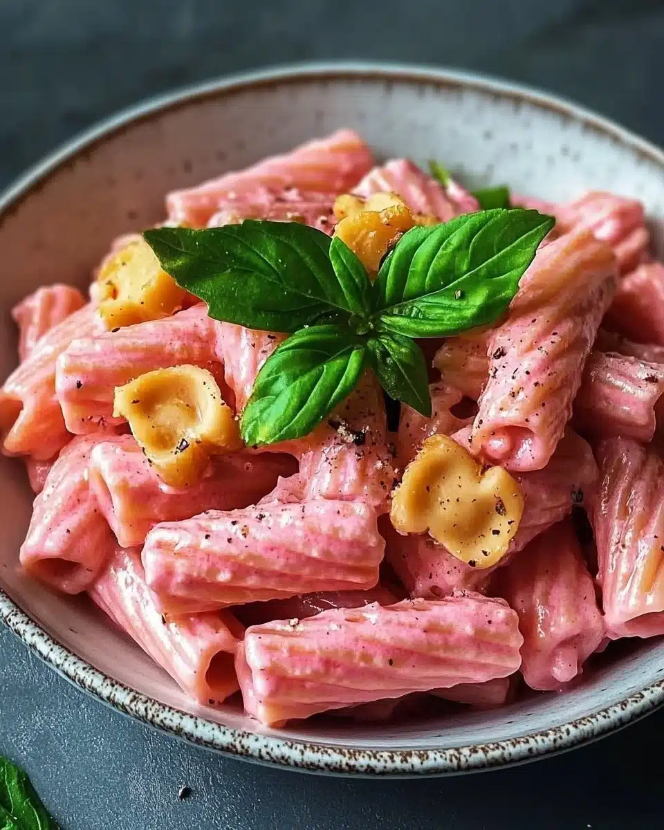A delicious plate of quick Valentine's Day pink pasta garnished with fresh herbs.
